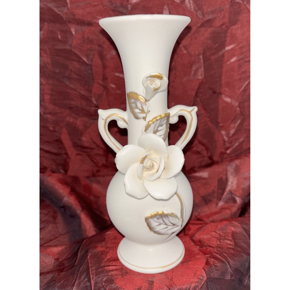 Vintage Wales White Bisque Bud Vase With Applied Roses Handles Brushed Gold EUC